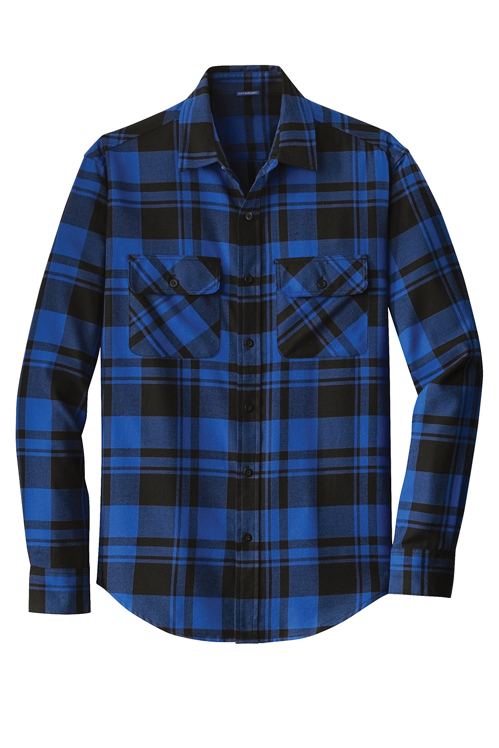 Port Authority W668 Mens Flannel Long Sleeve Button Down Shirt w/ Double Pockets Royal Blue/Black Flat Front