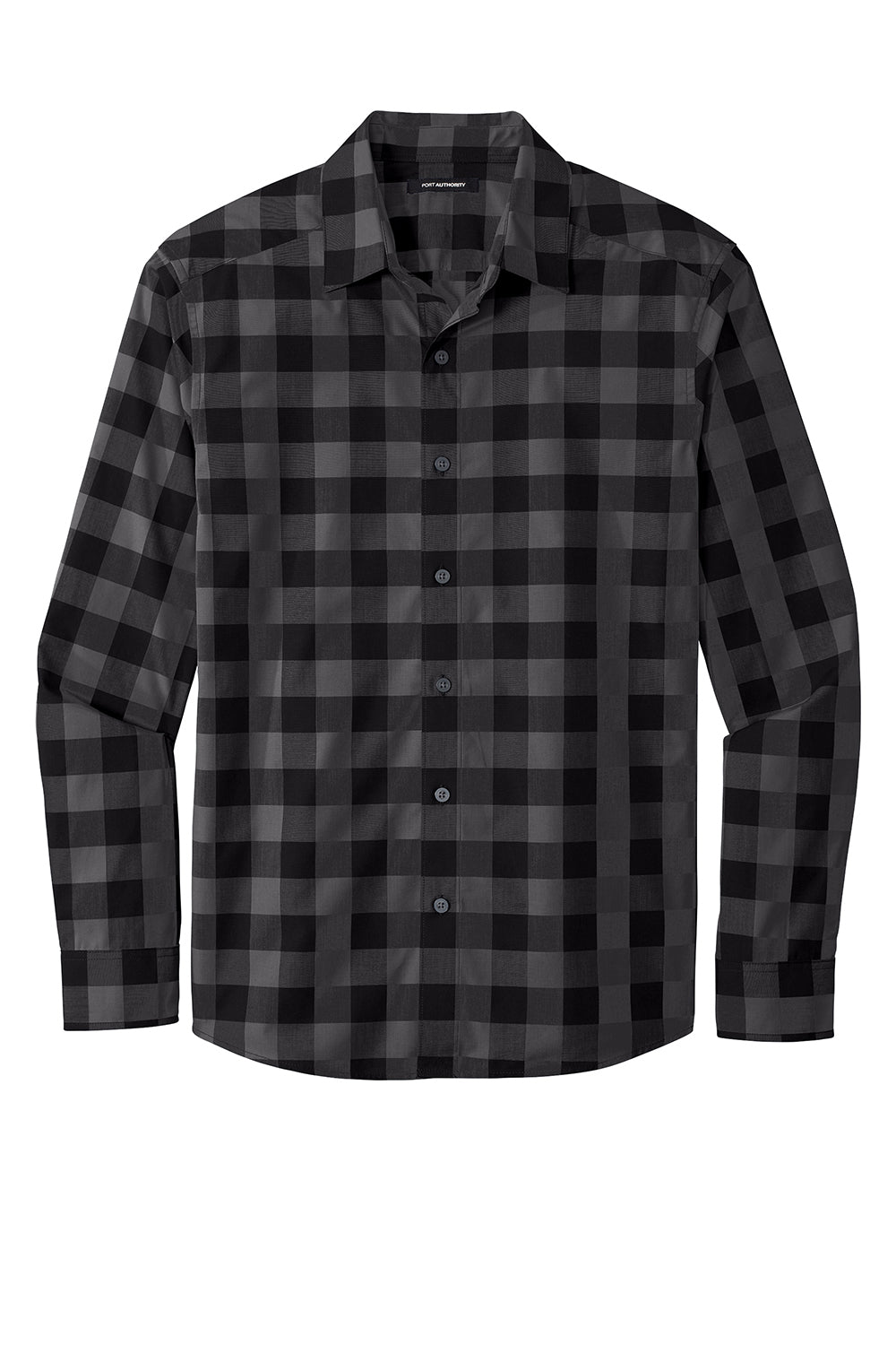 Port Authority W670 Mens Everyday Plaid Long Sleeve Button Down Shirt Black Flat Front