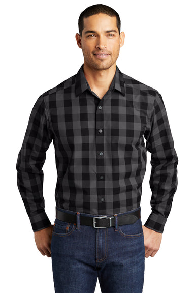 Port Authority W670 Mens Everyday Plaid Long Sleeve Button Down Shirt Black Model Front