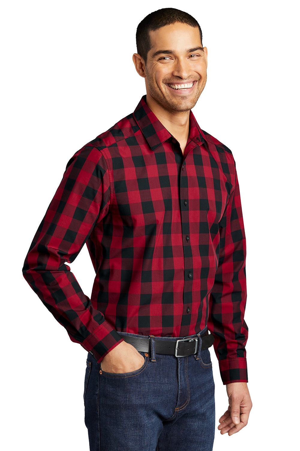 Port Authority W670 Mens Everyday Plaid Long Sleeve Button Down Shirt Rich Red Model 3q