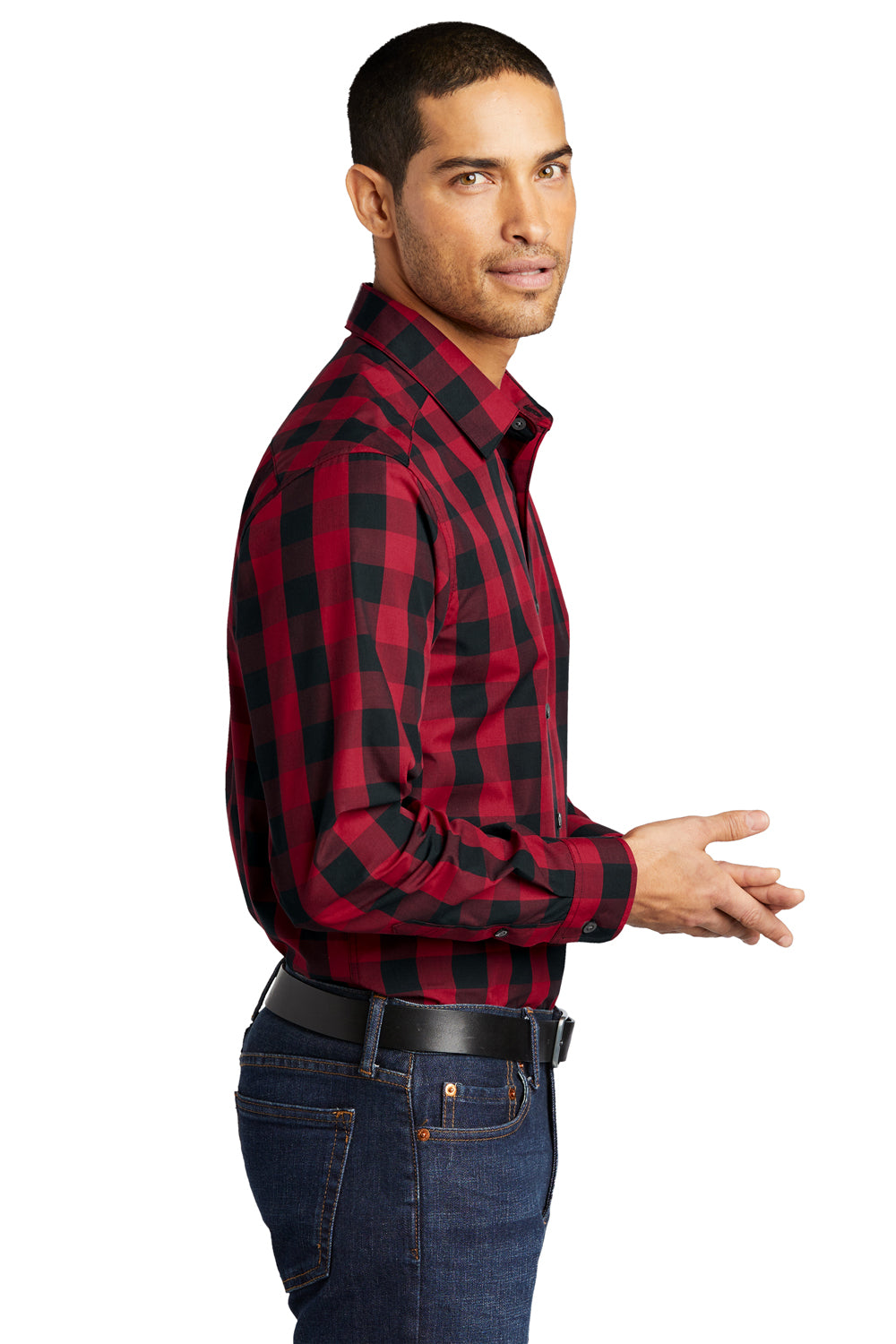 Port Authority W670 Mens Everyday Plaid Long Sleeve Button Down Shirt Rich Red Model Side