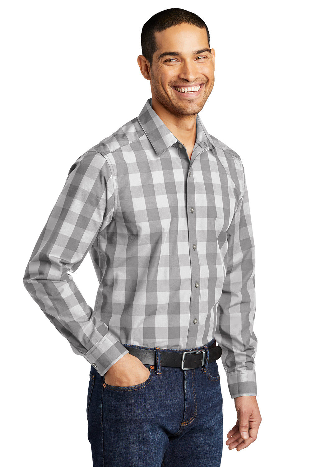 Port Authority W670 Mens Everyday Plaid Long Sleeve Button Down Shirt Shadow Grey Model 3q