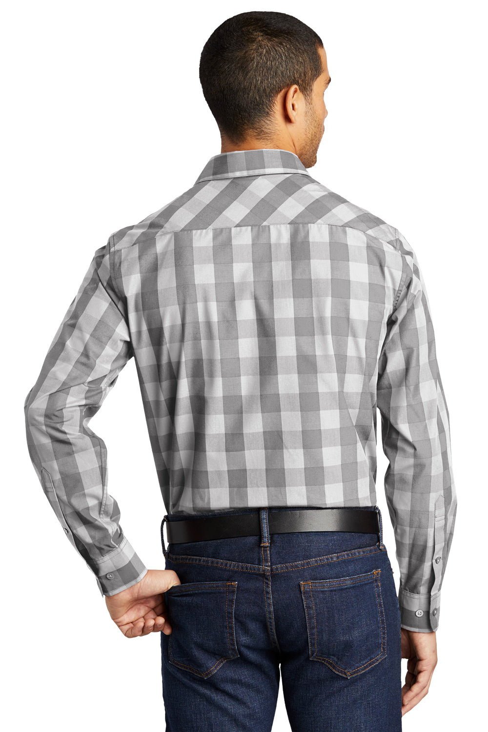 Port Authority W670 Mens Everyday Plaid Long Sleeve Button Down Shirt Shadow Grey Model Back