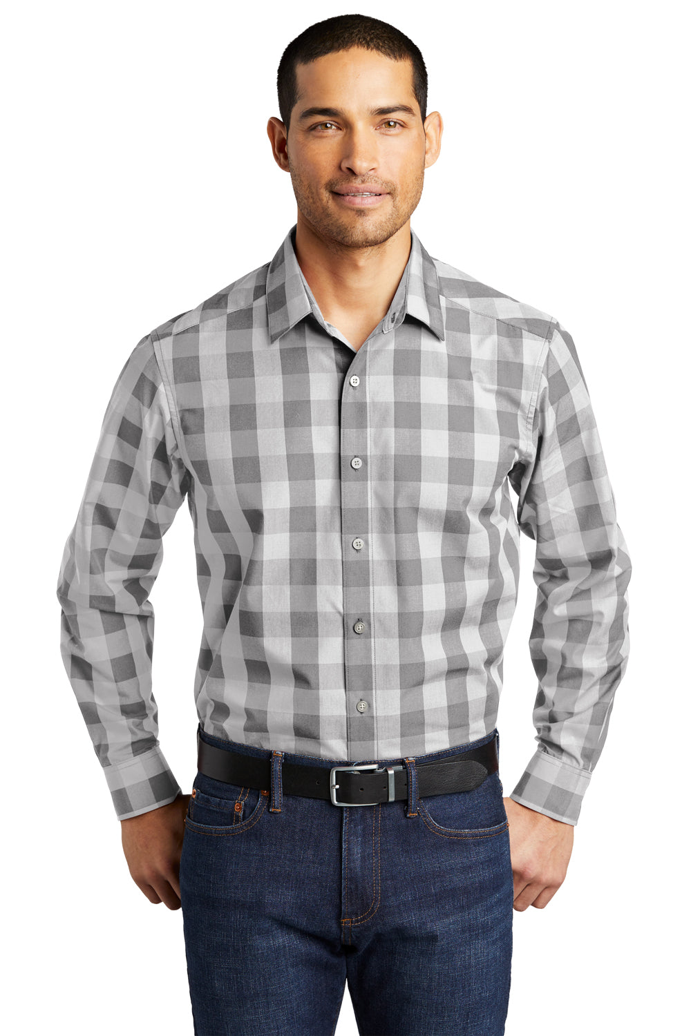 Port Authority W670 Mens Everyday Plaid Long Sleeve Button Down Shirt Shadow Grey Model Front