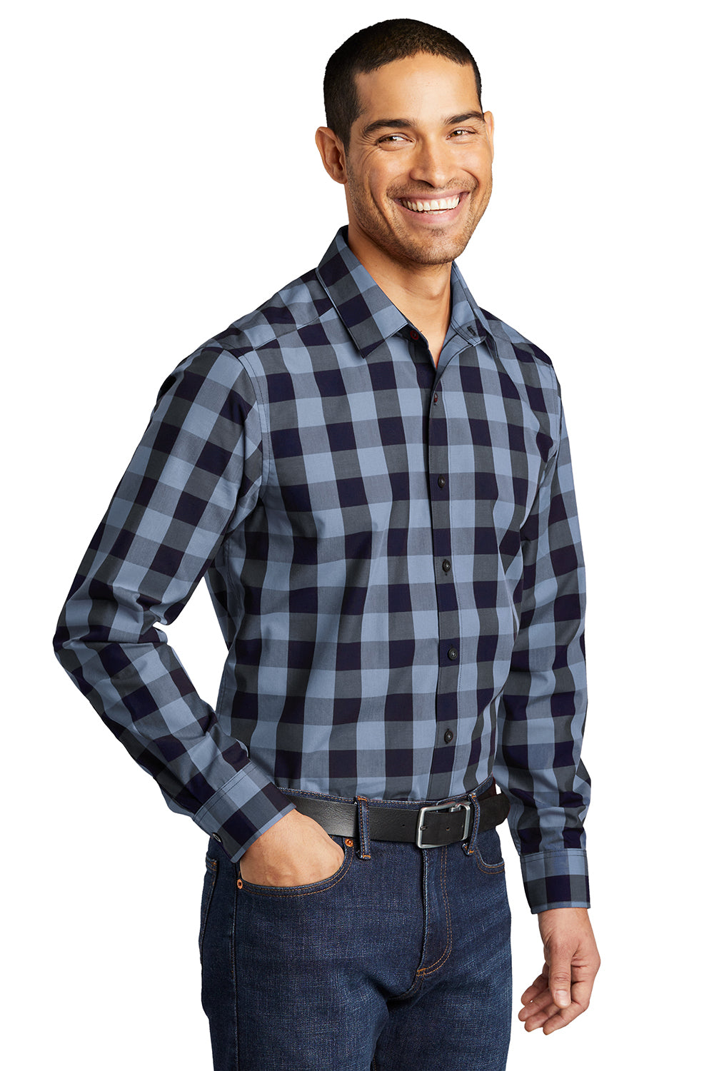 Port Authority W670 Mens Everyday Plaid Long Sleeve Button Down Shirt True Navy Blue Model 3q