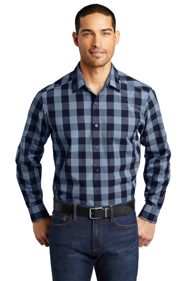 Port Authority W670 Mens Everyday Plaid Long Sleeve Button Down Shirt True Navy Blue Model Front