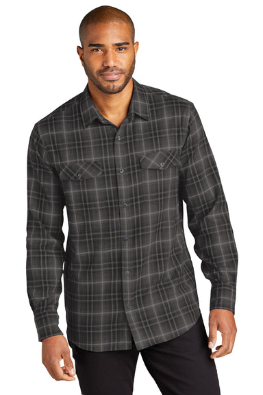 Port Authority W672 Mens Ombre Plaid Long Sleeve Button Down Shirt w/ Double Pockets Deep Black Model Front