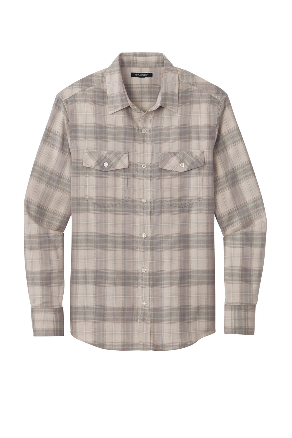 Port Authority W672 Mens Ombre Plaid Long Sleeve Button Down Shirt w/ Double Pockets Frost Grey Flat Front