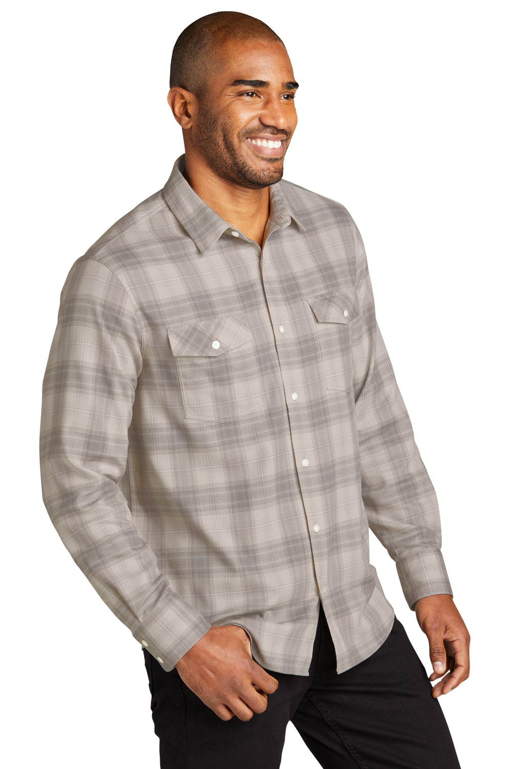 Port Authority W672 Mens Ombre Plaid Long Sleeve Button Down Shirt w/ Double Pockets Frost Grey Model 3q