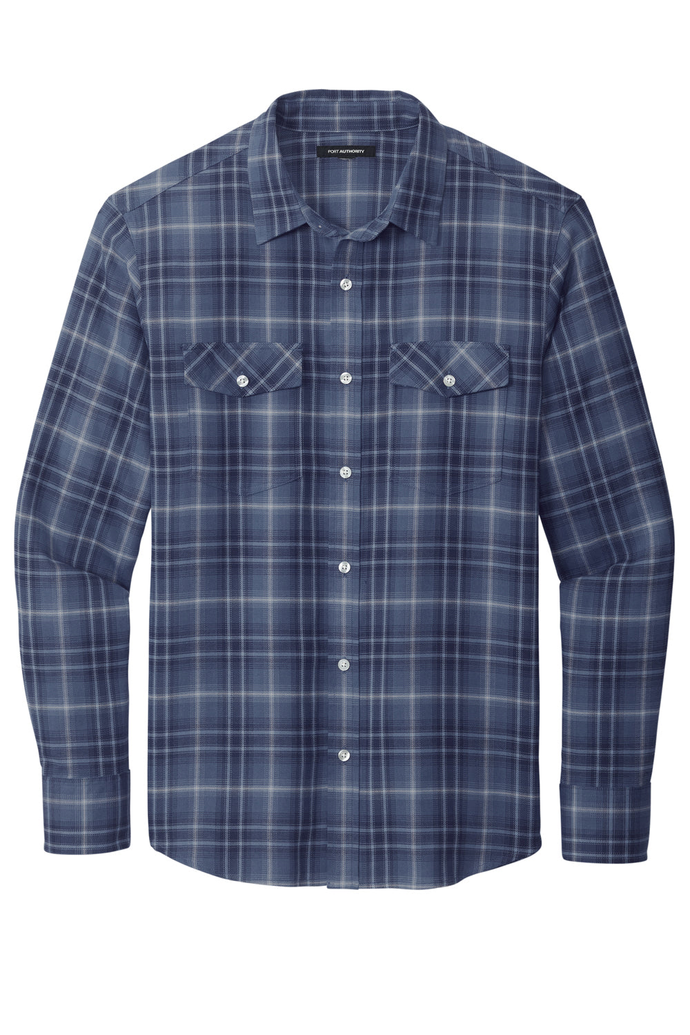 Port Authority W672 Mens Ombre Plaid Long Sleeve Button Down Shirt w/ Double Pockets True Navy Blue Flat Front