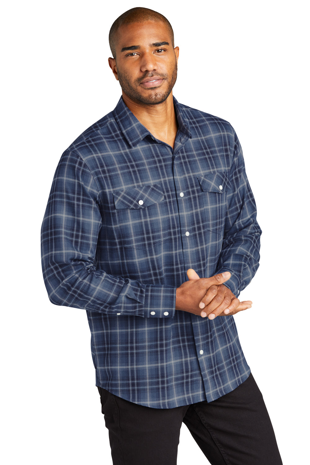 Port Authority W672 Mens Ombre Plaid Long Sleeve Button Down Shirt w/ Double Pockets True Navy Blue Model 3q