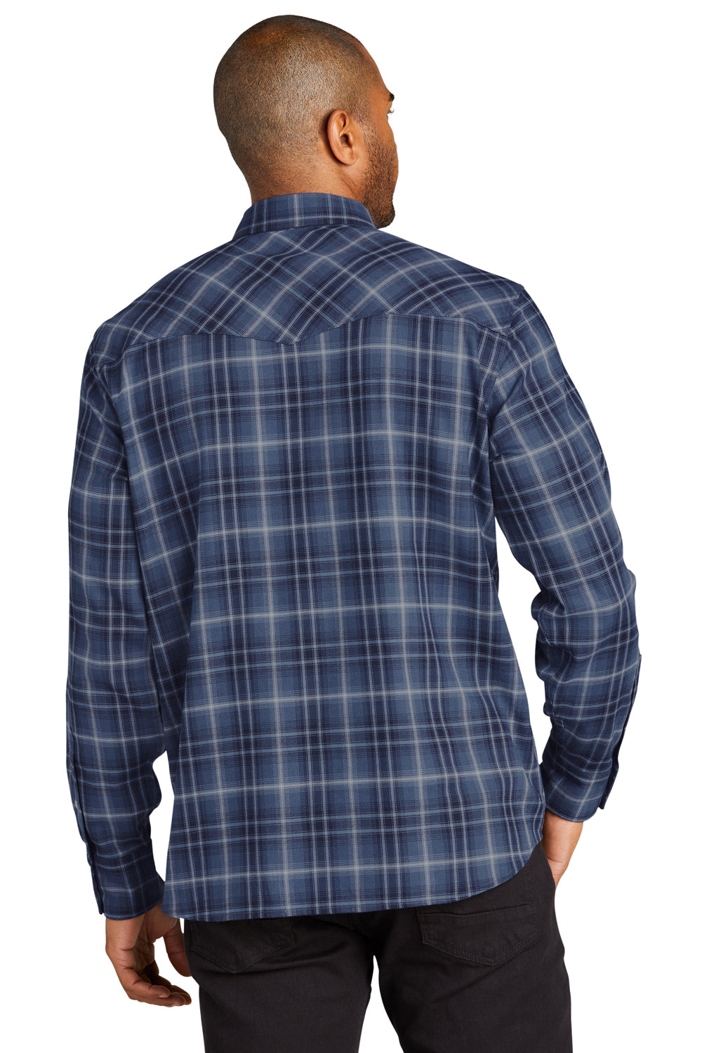 Port Authority W672 Mens Ombre Plaid Long Sleeve Button Down Shirt w/ Double Pockets True Navy Blue Model Back