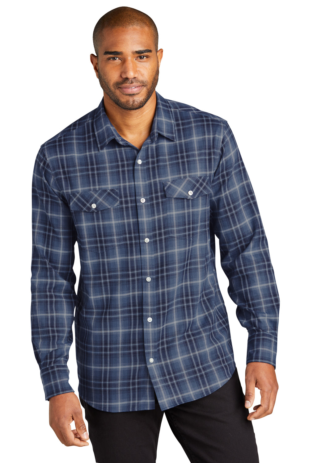 Port Authority W672 Mens Ombre Plaid Long Sleeve Button Down Shirt w/ Double Pockets True Navy Blue Model Front