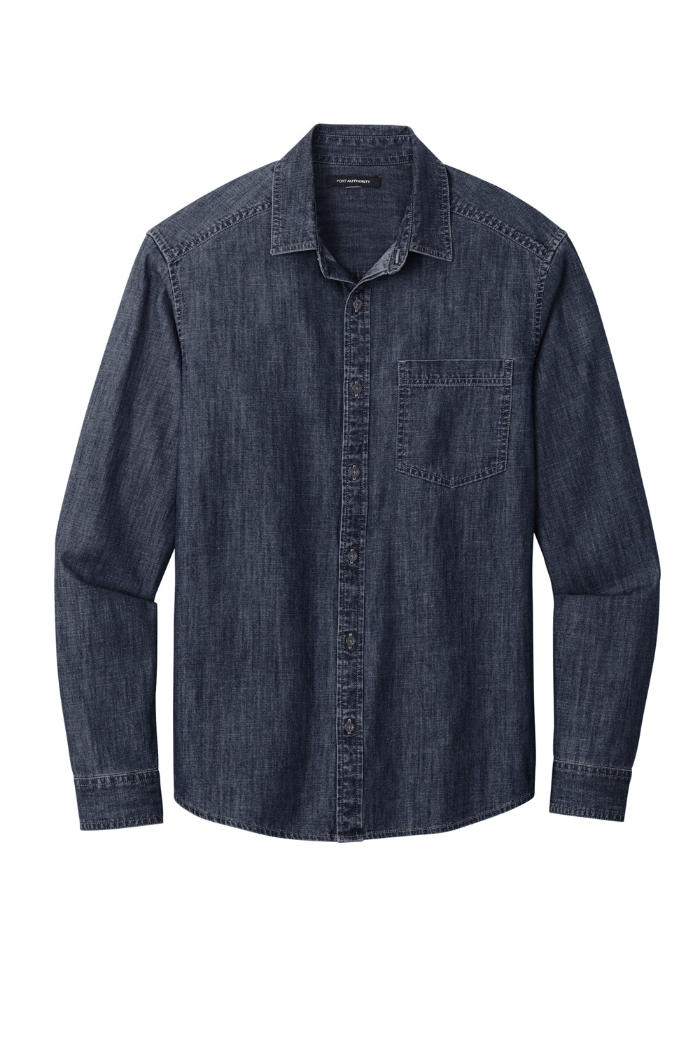 Port Authority W676 Mens Perfect Denim Long Sleeve Button Down Shirt w/ Pocket Dark Wash Flat Front