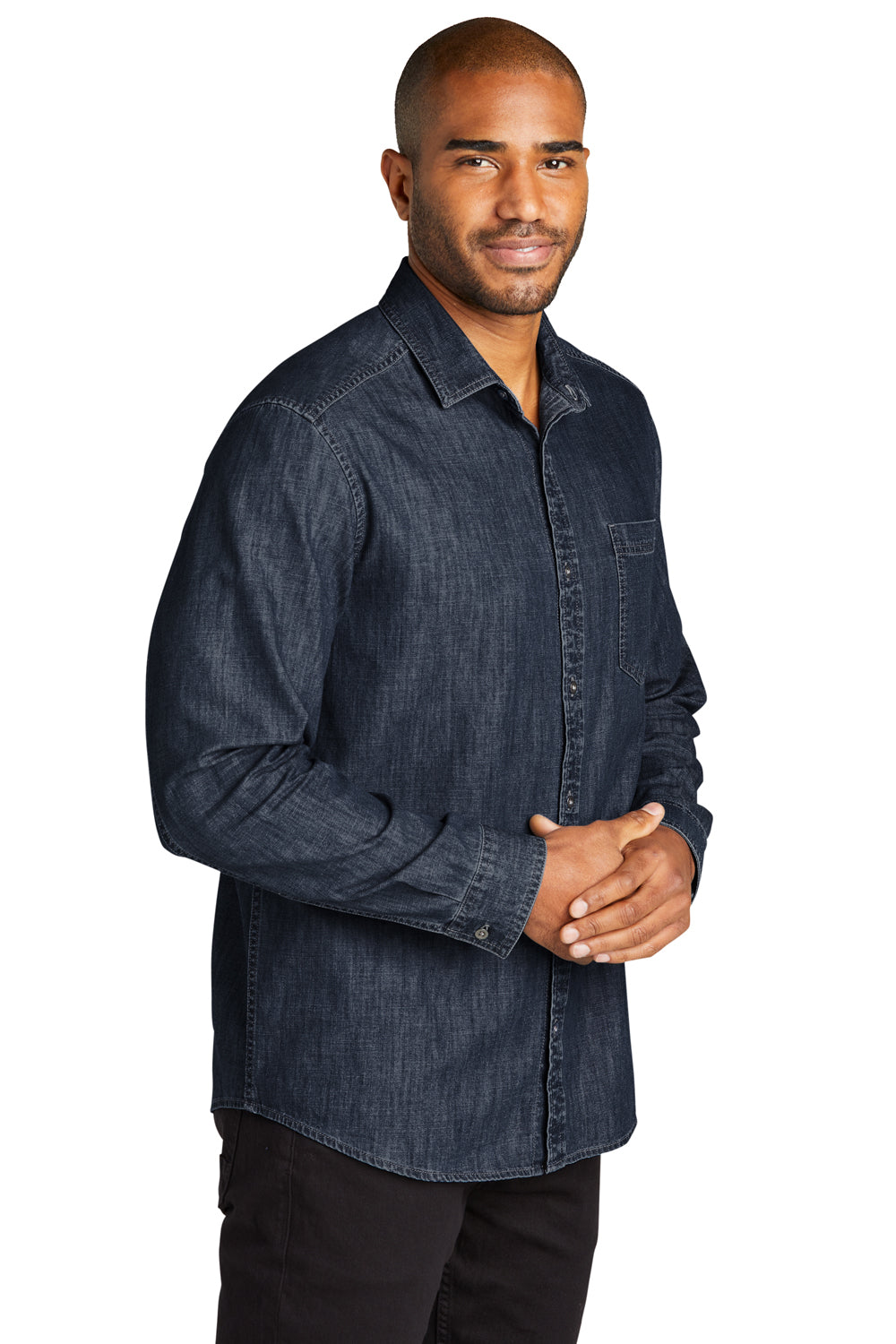 Port Authority W676 Mens Perfect Denim Long Sleeve Button Down Shirt w/ Pocket Dark Wash Model 3q