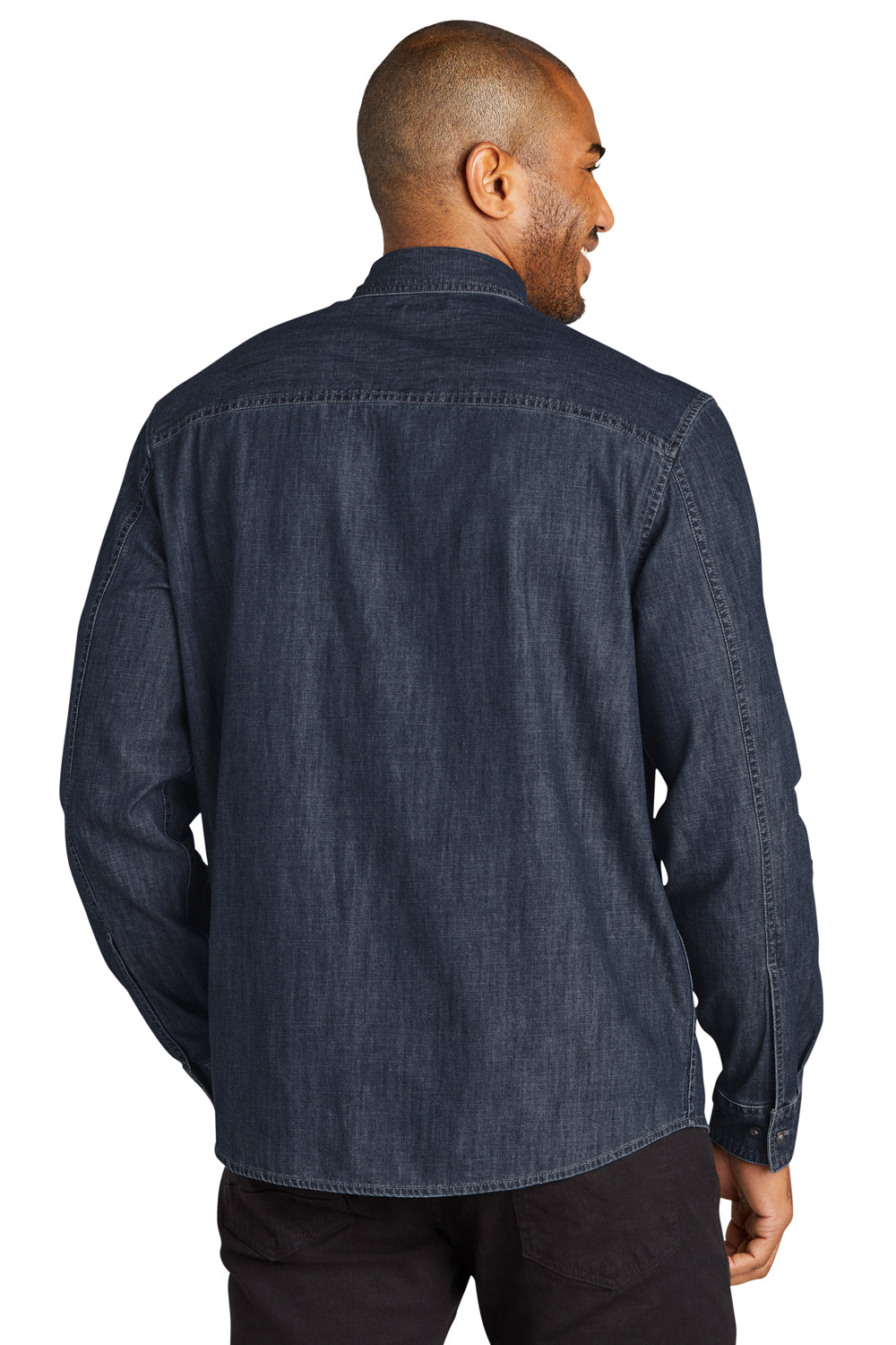 Port Authority W676 Mens Perfect Denim Long Sleeve Button Down Shirt w/ Pocket Dark Wash Model Back