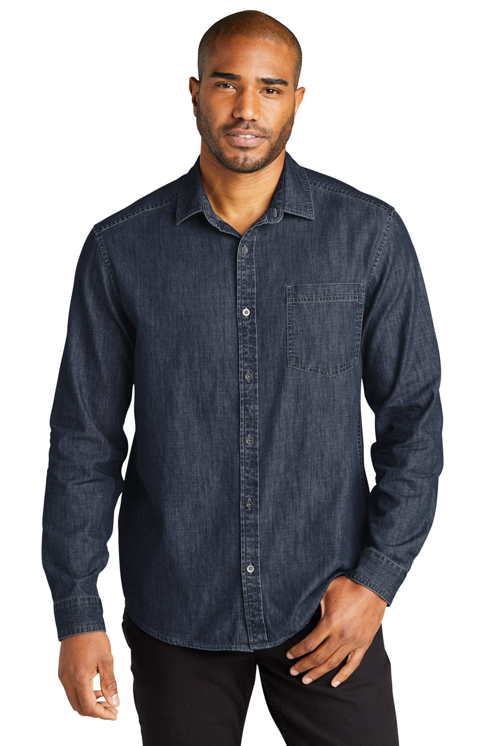 Port Authority W676 Mens Perfect Denim Long Sleeve Button Down Shirt w/ Pocket Dark Wash Model Front