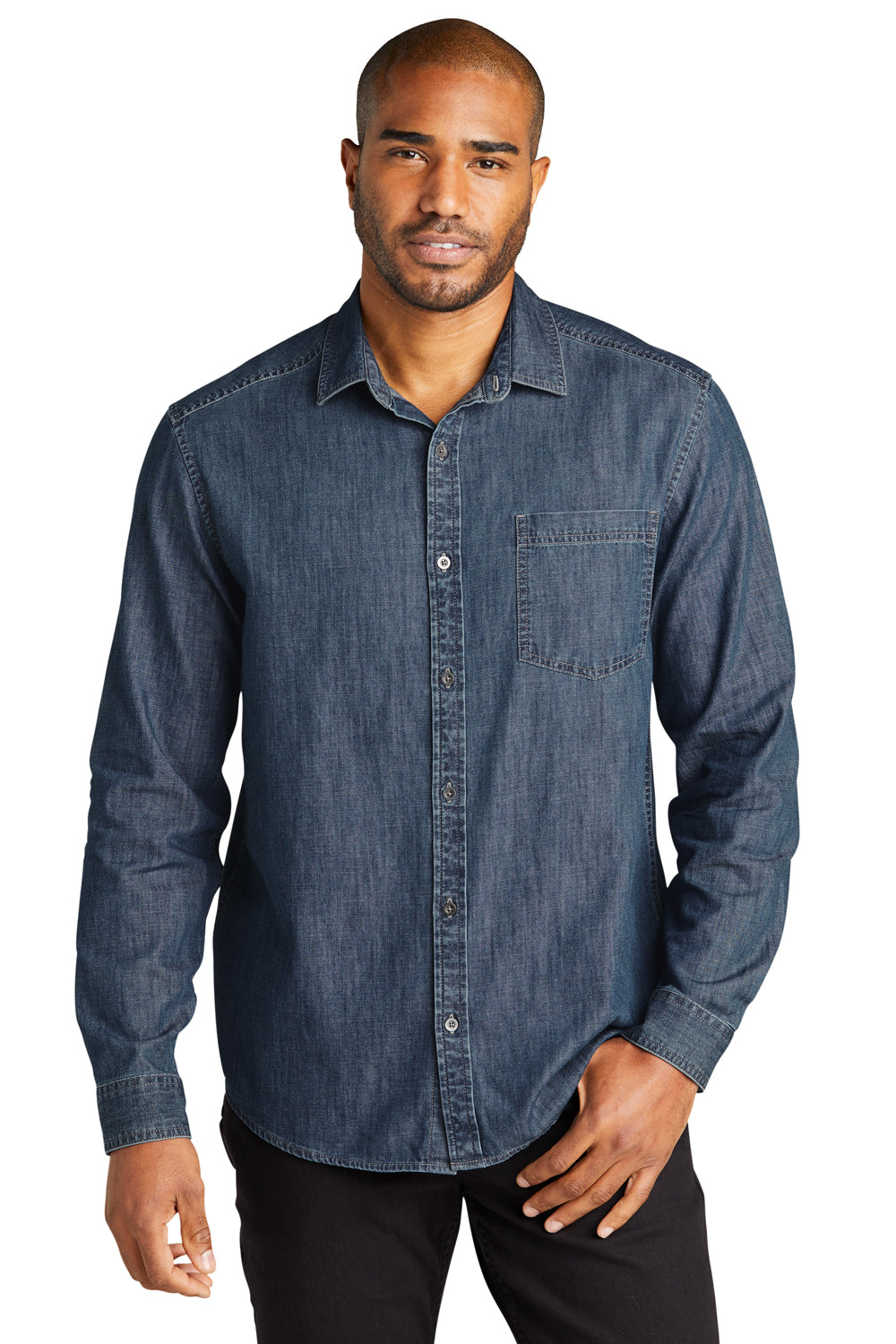 Port Authority W676 Mens Perfect Denim Long Sleeve Button Down Shirt w/ Pocket Medium Wash Model Front