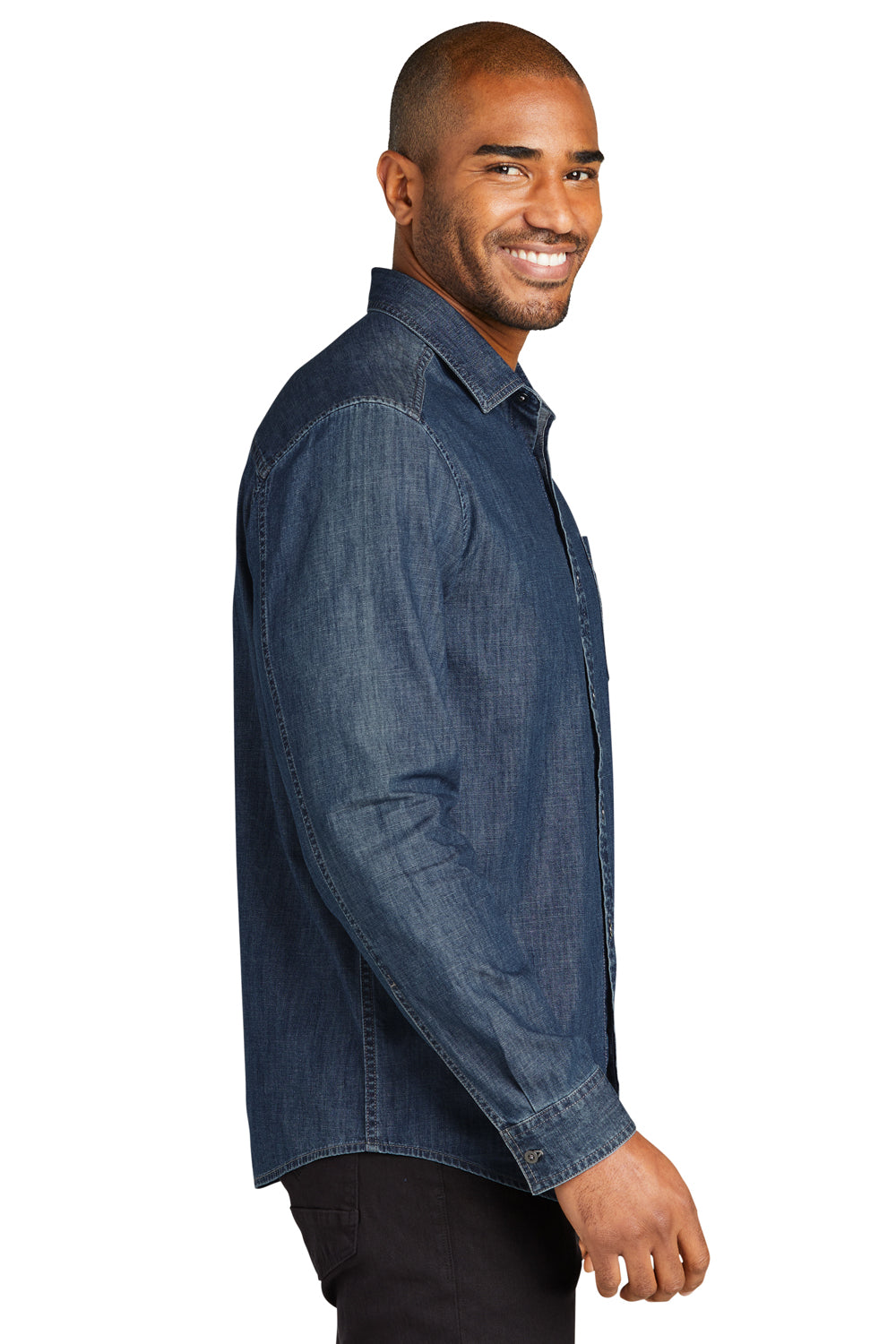 Port Authority W676 Mens Perfect Denim Long Sleeve Button Down Shirt w/ Pocket Medium Wash Model Side