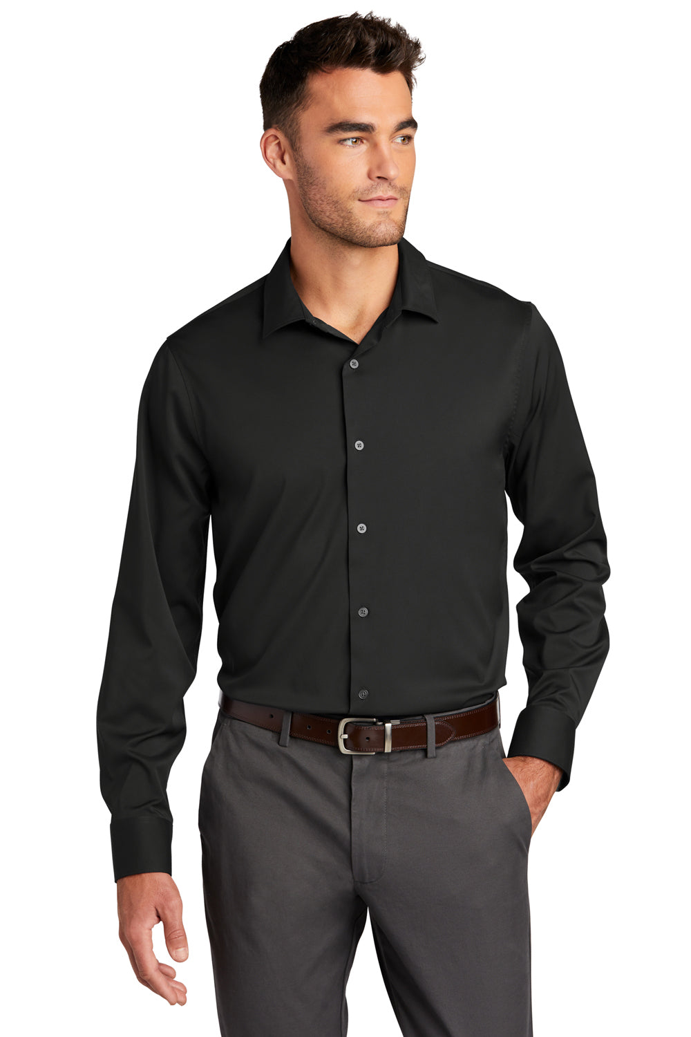 Port Authority W680 Mens City Moisture Wicking Long Sleeve Button Down Shirt Black Model Front