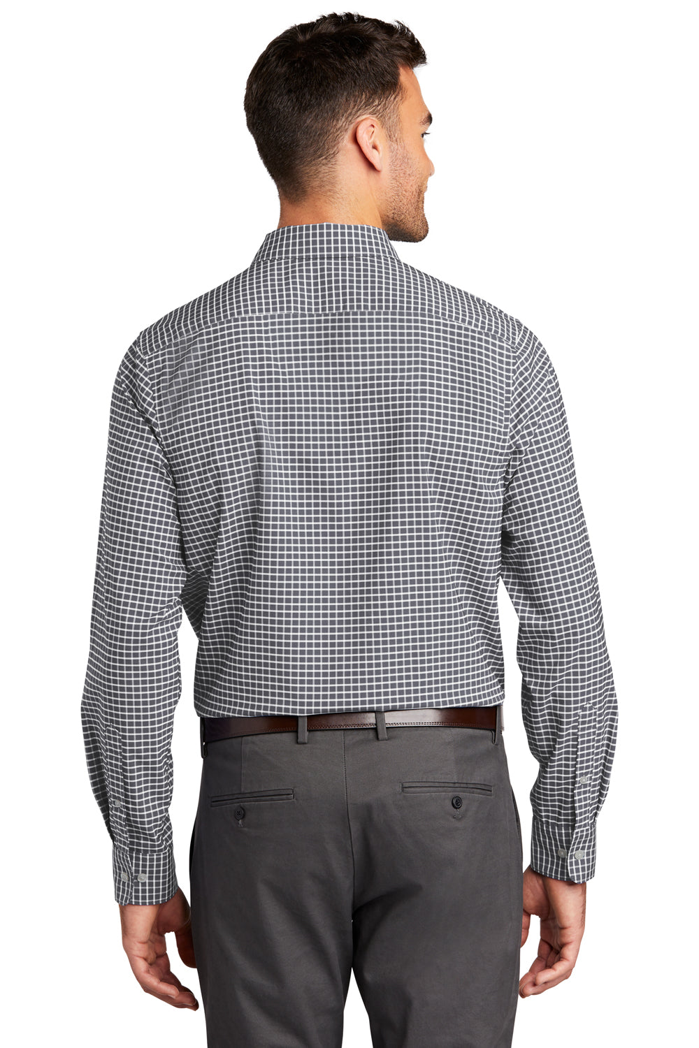 Port Authority W680 Mens City Moisture Wicking Long Sleeve Button Down Shirt Graphite Grey/White Model Back