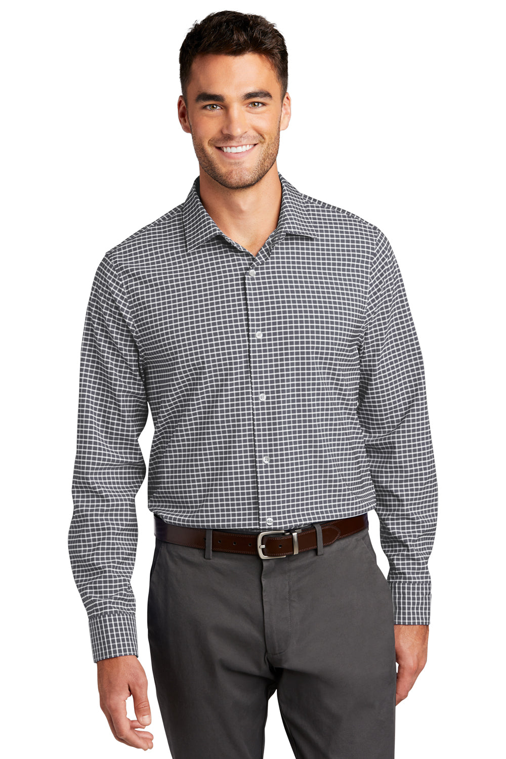 Port Authority W680 Mens City Moisture Wicking Long Sleeve Button Down Shirt Graphite Grey/White Model Front