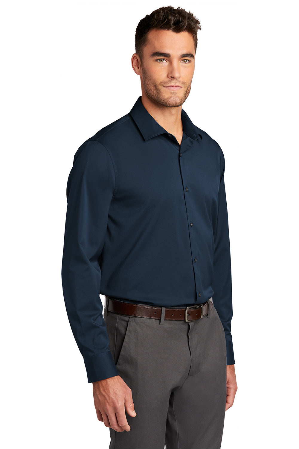 Port Authority W680 Mens City Moisture Wicking Long Sleeve Button Down Shirt River Navy Blue Model 3q