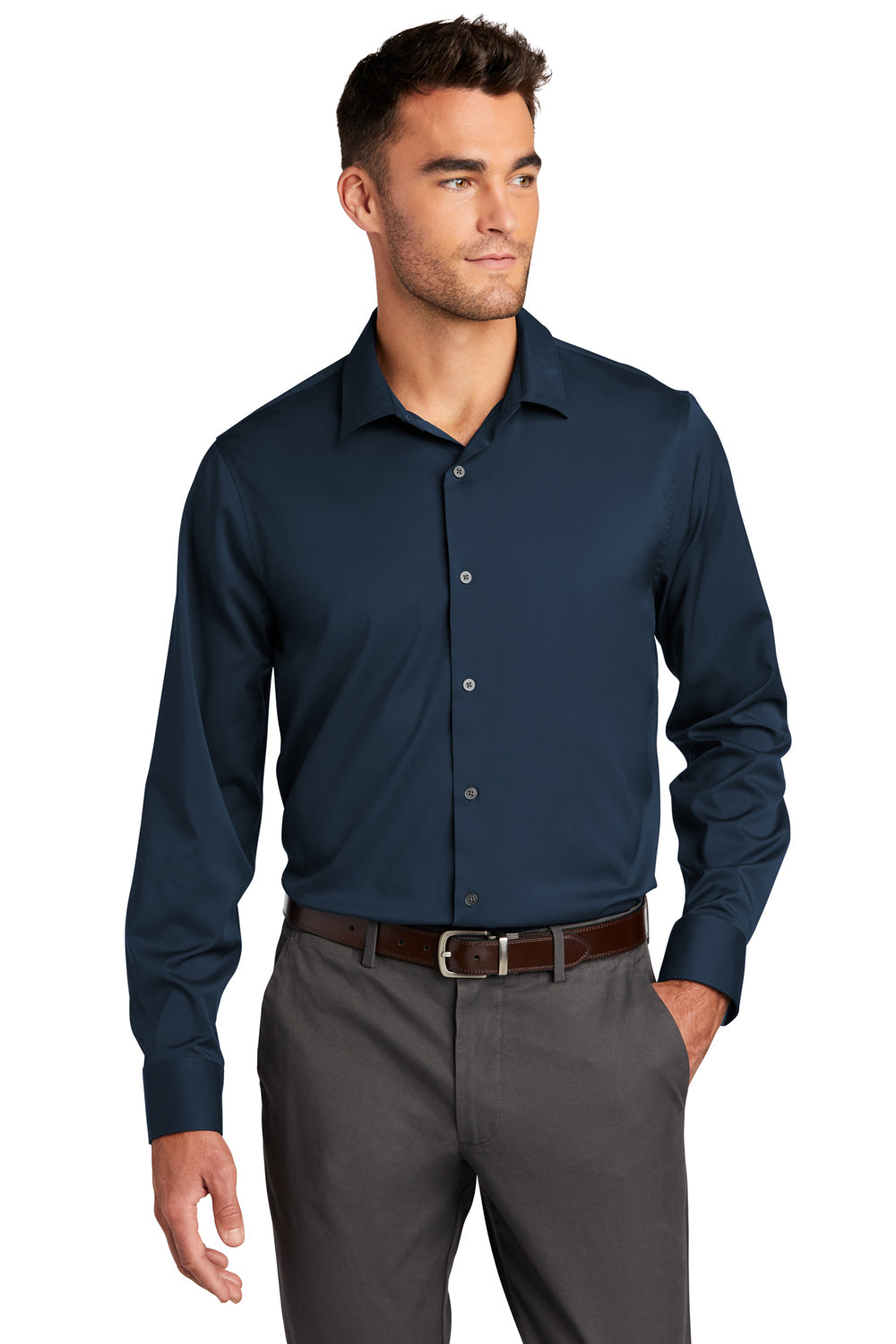 Port Authority W680 Mens City Moisture Wicking Long Sleeve Button Down Shirt River Navy Blue Model Front