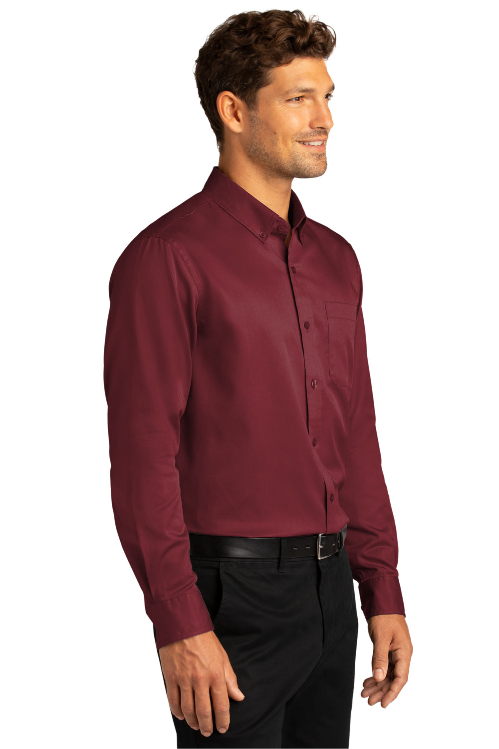 Port Authority W808 Mens SuperPro Wrinkle Resistant React Long Sleeve Button Down Shirt w/ Pocket Burgundy Model 3q