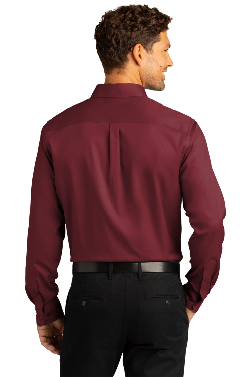 Port Authority W808 Mens SuperPro Wrinkle Resistant React Long Sleeve Button Down Shirt w/ Pocket Burgundy Model Back