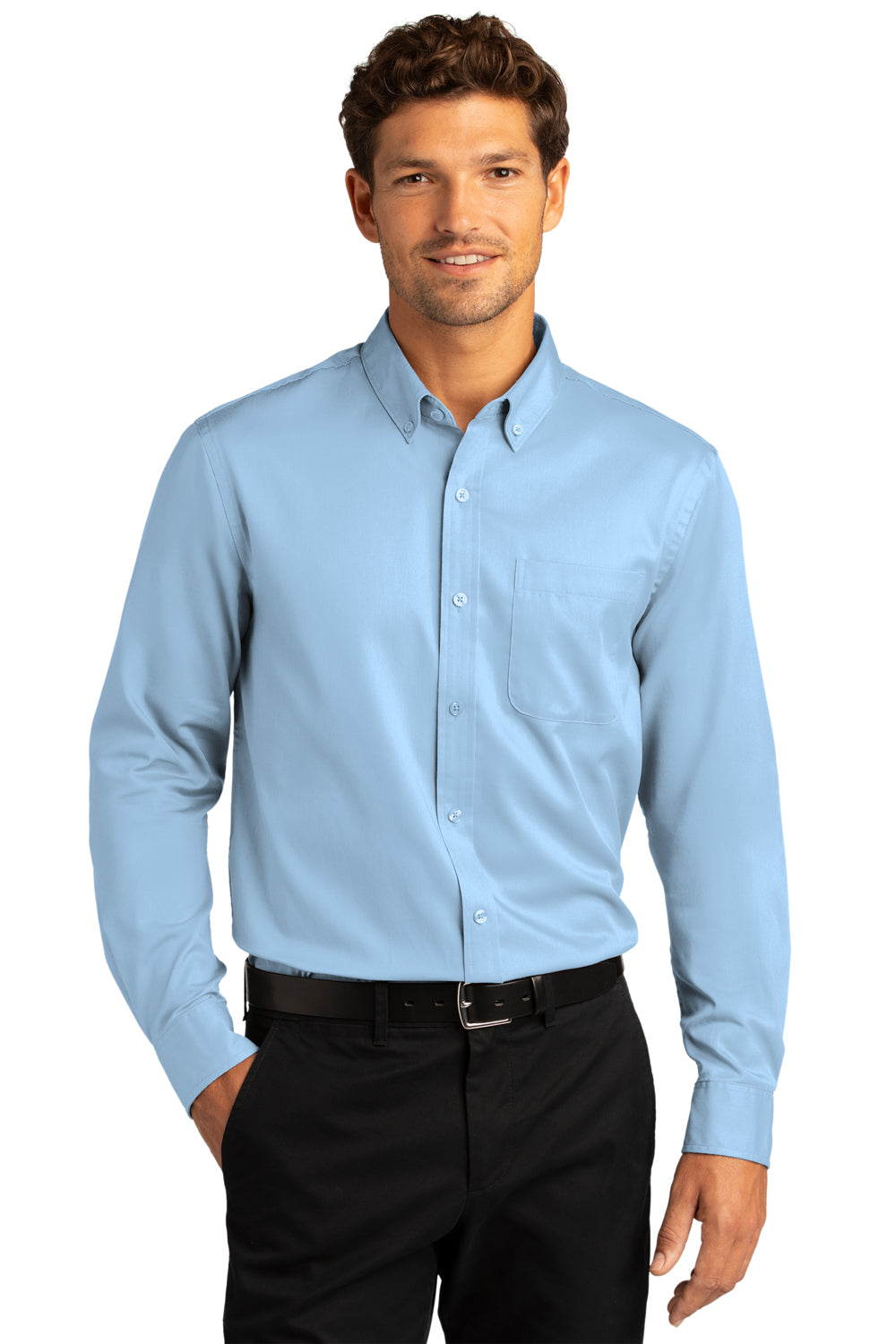 Port Authority W808 Mens SuperPro Wrinkle Resistant React Long Sleeve Button Down Shirt w/ Pocket Cloud Blue Model Front