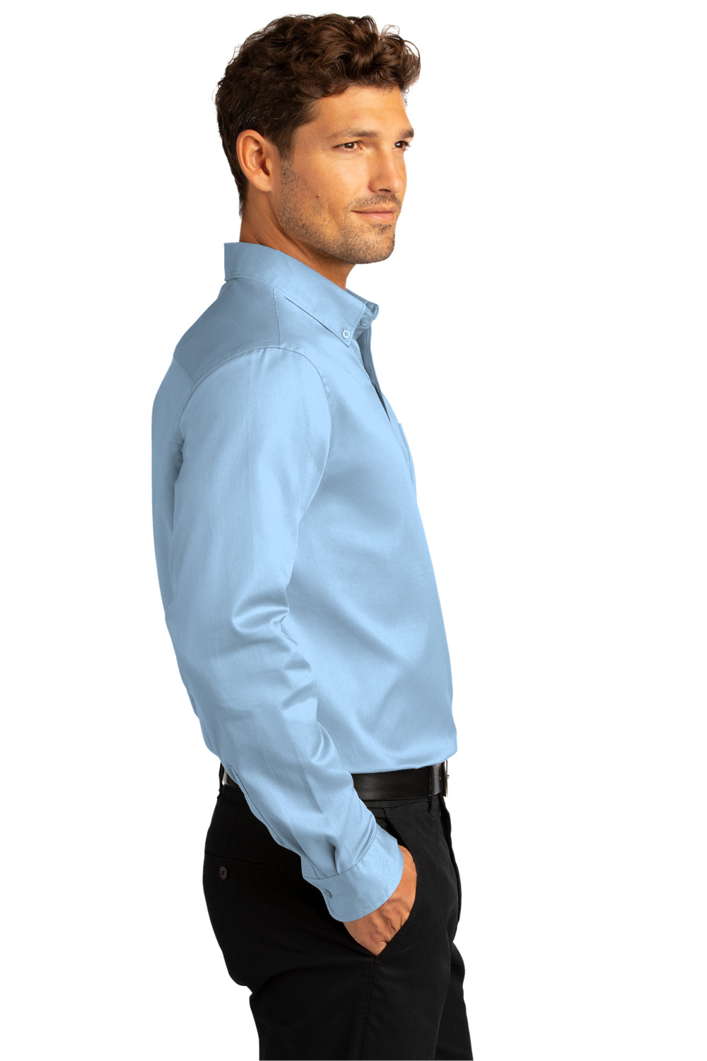 Port Authority W808 Mens SuperPro Wrinkle Resistant React Long Sleeve Button Down Shirt w/ Pocket Cloud Blue Model Side