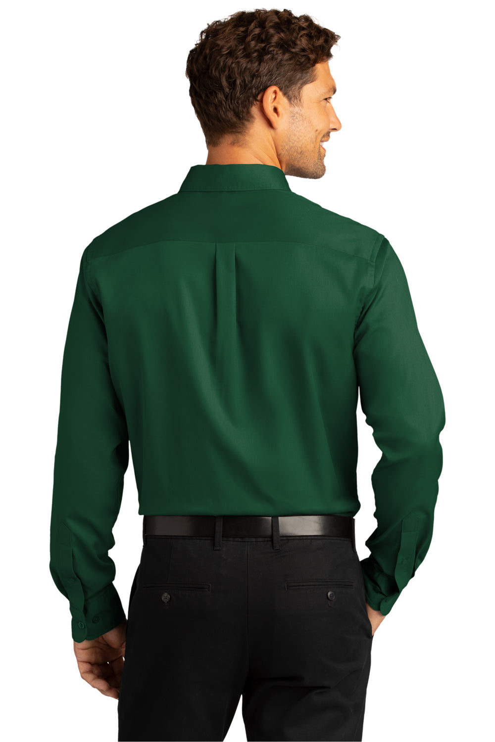 Port Authority W808 Mens SuperPro Wrinkle Resistant React Long Sleeve Button Down Shirt w/ Pocket Dark Green Model Back