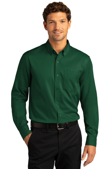 Port Authority W808 Mens SuperPro Wrinkle Resistant React Long Sleeve Button Down Shirt w/ Pocket Dark Green Model Front