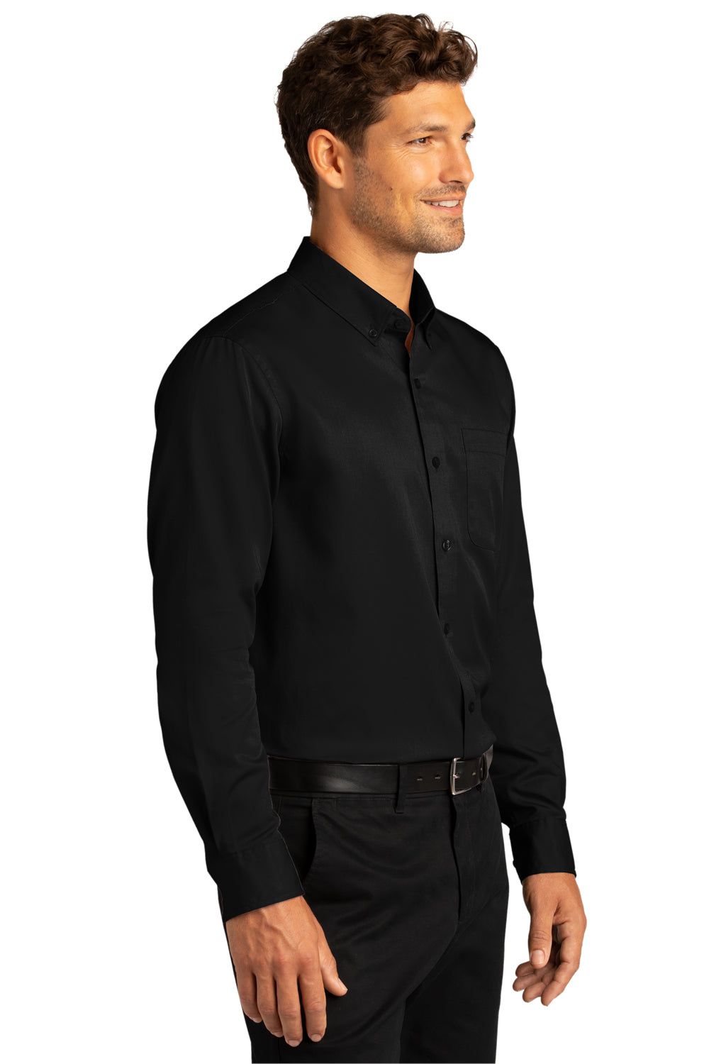 Port Authority W808 Mens SuperPro Wrinkle Resistant React Long Sleeve Button Down Shirt w/ Pocket Deep Black Model 3q