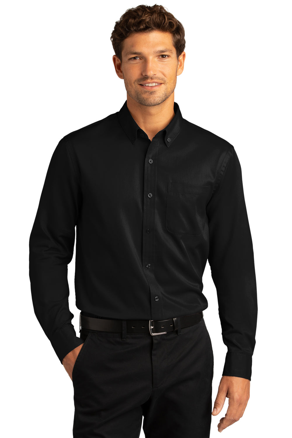 Port Authority W808 Mens SuperPro Wrinkle Resistant React Long Sleeve Button Down Shirt w/ Pocket Deep Black Model Front