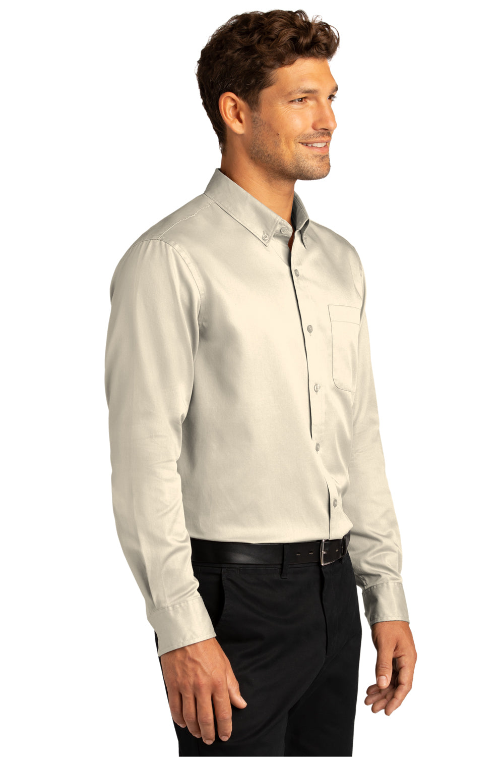 Port Authority W808 Mens SuperPro Wrinkle Resistant React Long Sleeve Button Down Shirt w/ Pocket Ecru Model 3q