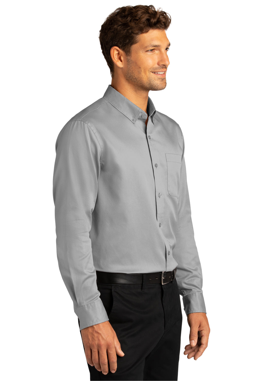 Port Authority W808 Mens SuperPro Wrinkle Resistant React Long Sleeve Button Down Shirt w/ Pocket Gusty Grey Model 3q