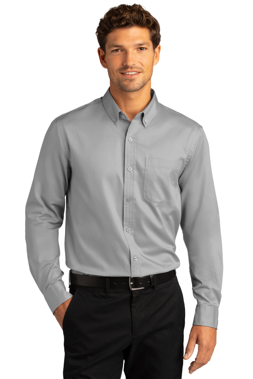 Port Authority W808 Mens SuperPro Wrinkle Resistant React Long Sleeve Button Down Shirt w/ Pocket Gusty Grey Model Front