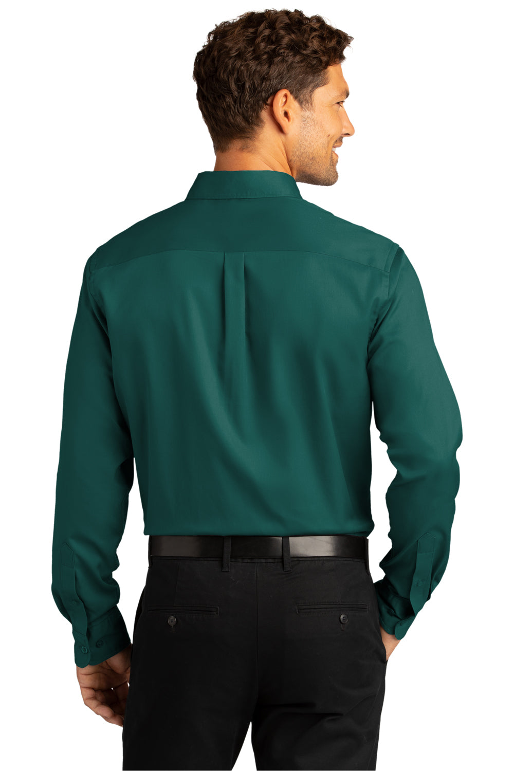 Port Authority W808 Mens SuperPro Wrinkle Resistant React Long Sleeve Button Down Shirt w/ Pocket Marine Green Model Back