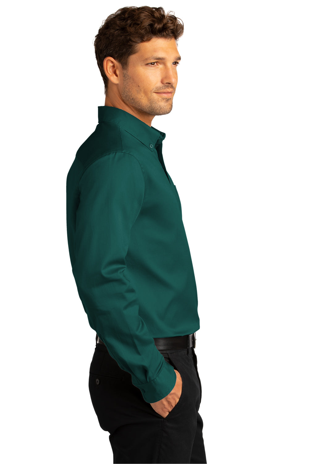 Port Authority W808 Mens SuperPro Wrinkle Resistant React Long Sleeve Button Down Shirt w/ Pocket Marine Green Model Side