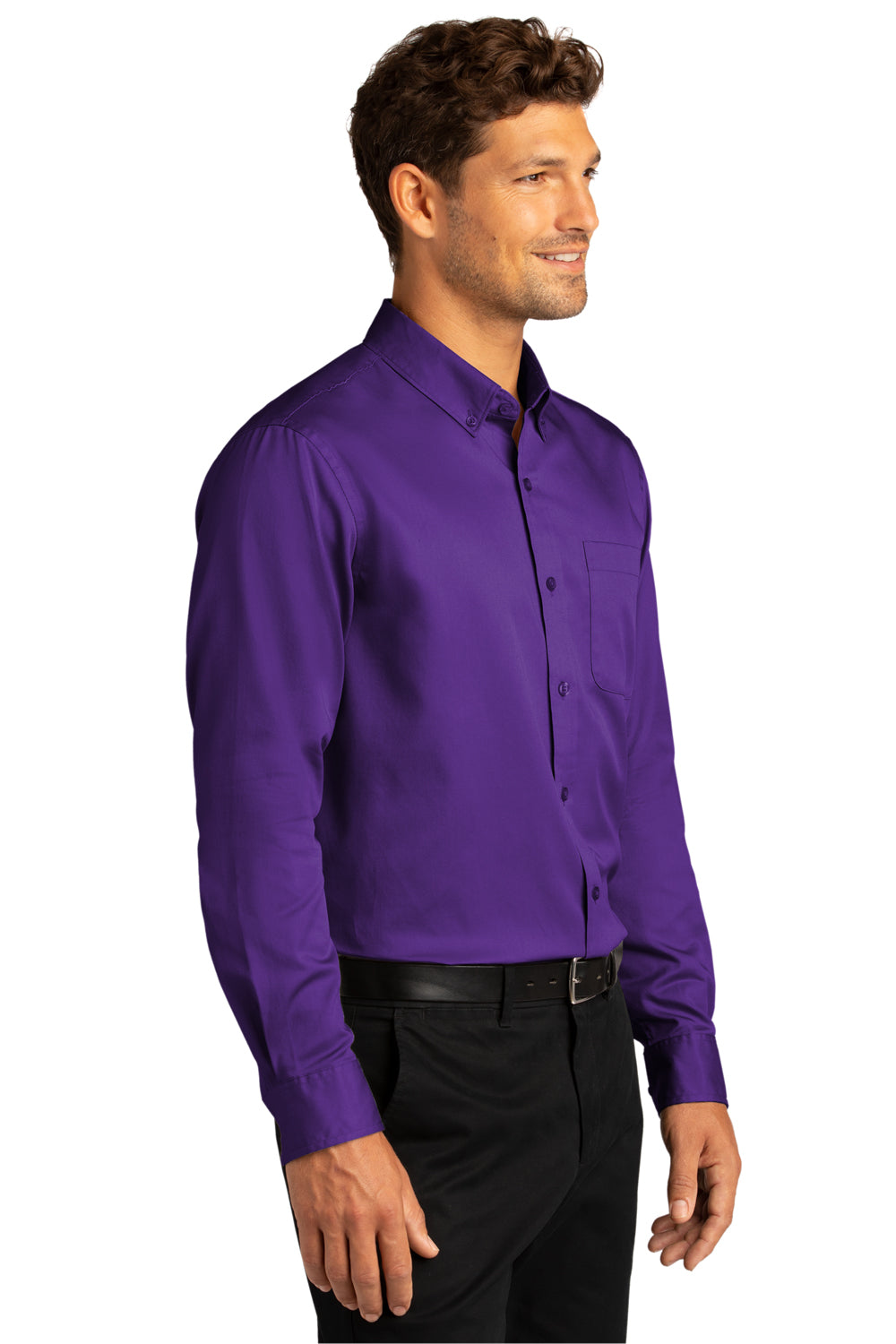 Port Authority W808 Mens SuperPro Wrinkle Resistant React Long Sleeve Button Down Shirt w/ Pocket Purple Model 3q