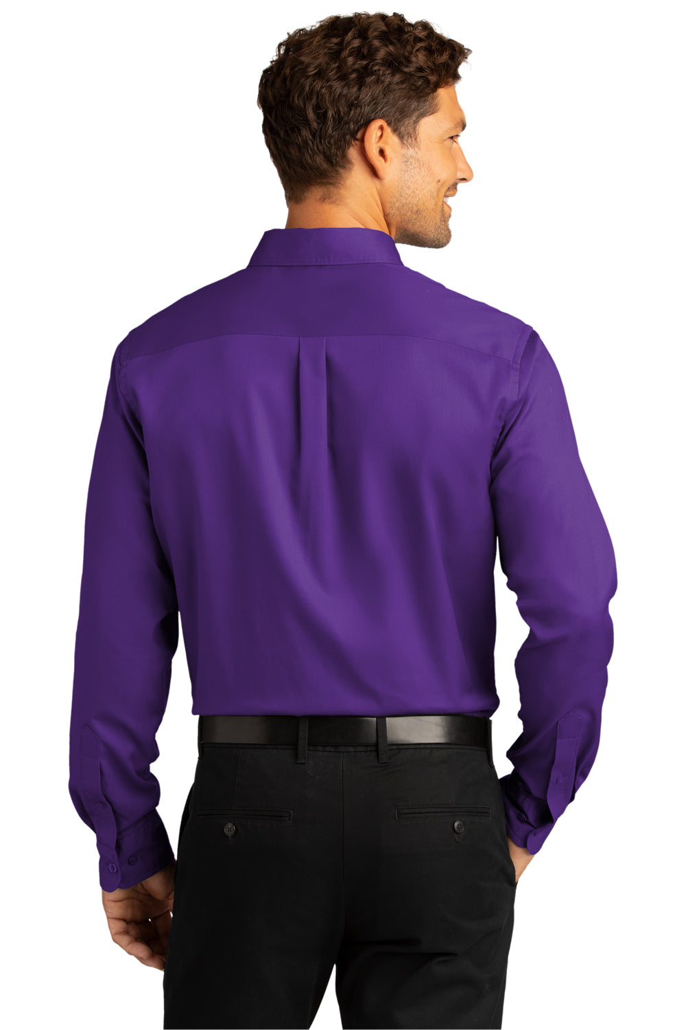 Port Authority W808 Mens SuperPro Wrinkle Resistant React Long Sleeve Button Down Shirt w/ Pocket Purple Model Back