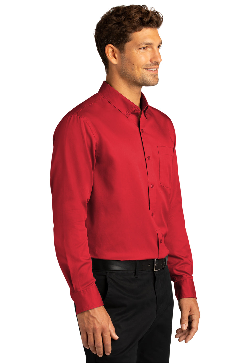 Port Authority W808 Mens SuperPro Wrinkle Resistant React Long Sleeve Button Down Shirt w/ Pocket Rich Red Model 3q