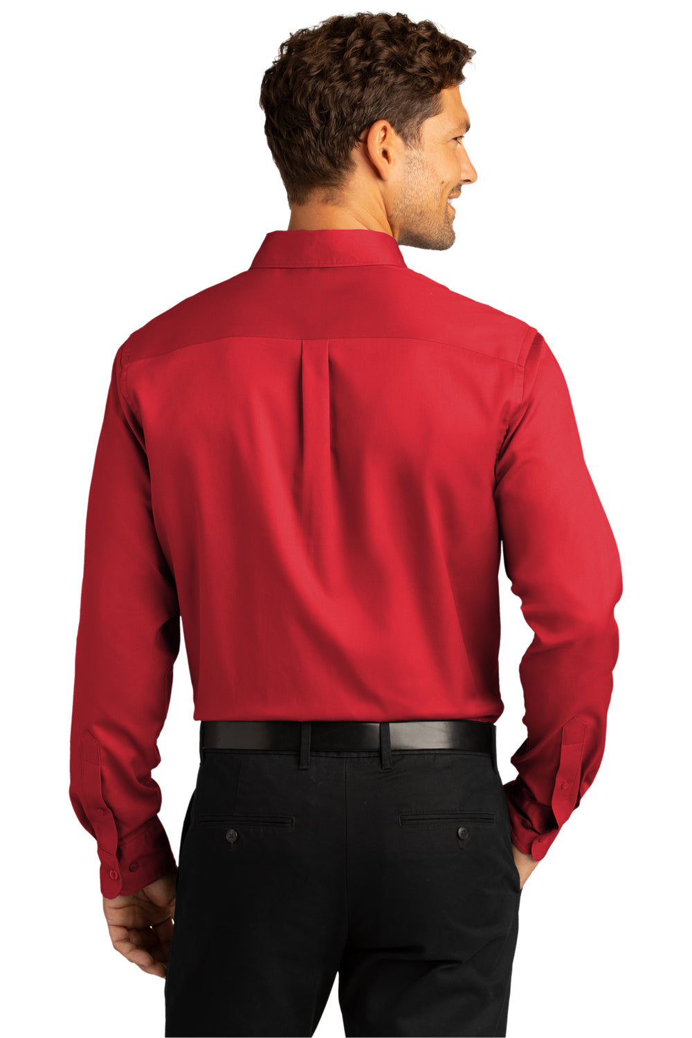 Port Authority W808 Mens SuperPro Wrinkle Resistant React Long Sleeve Button Down Shirt w/ Pocket Rich Red Model Back