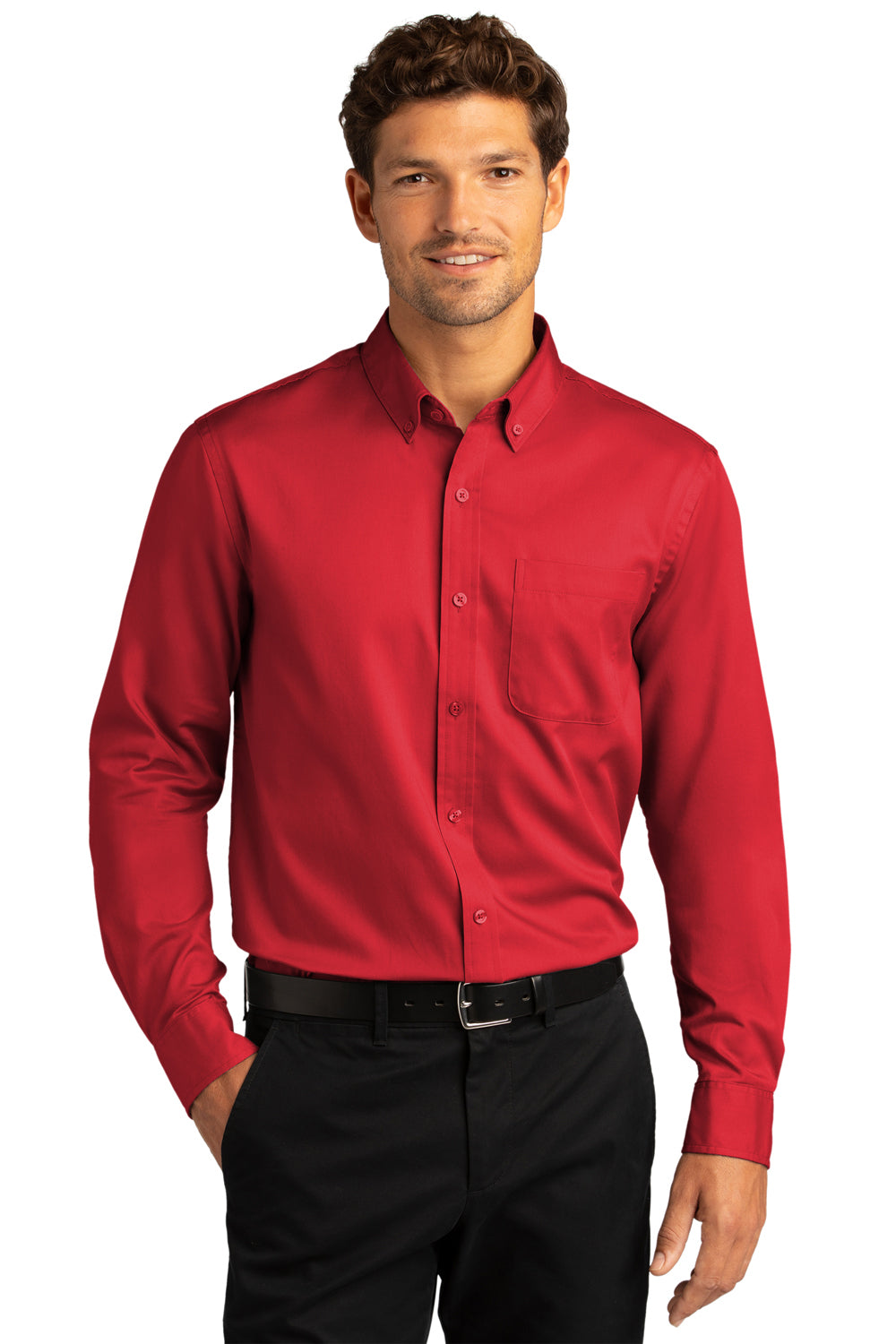 Port Authority W808 Mens SuperPro Wrinkle Resistant React Long Sleeve Button Down Shirt w/ Pocket Rich Red Model Front