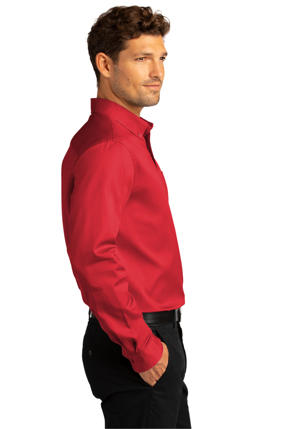 Port Authority W808 Mens SuperPro Wrinkle Resistant React Long Sleeve Button Down Shirt w/ Pocket Rich Red Model Side