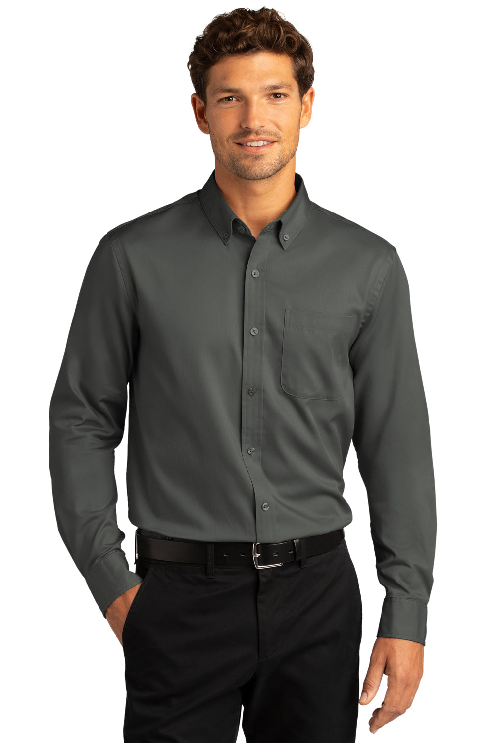 Port Authority W808 Mens SuperPro Wrinkle Resistant React Long Sleeve Button Down Shirt w/ Pocket Storm Grey Model Front