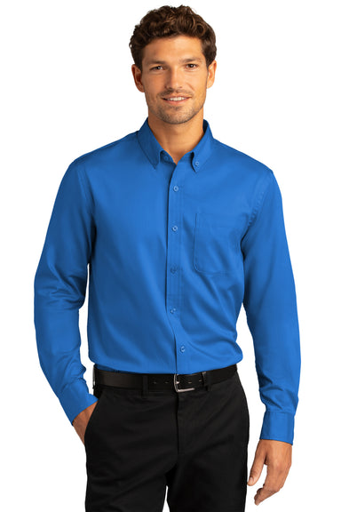 Port Authority W808 Mens SuperPro Wrinkle Resistant React Long Sleeve Button Down Shirt w/ Pocket Strong Blue Model Front