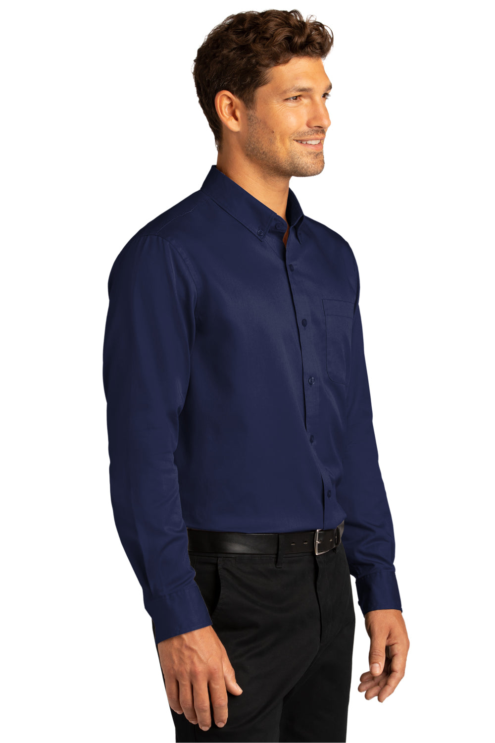 Port Authority W808 Mens SuperPro Wrinkle Resistant React Long Sleeve Button Down Shirt w/ Pocket True Navy Blue Model 3q